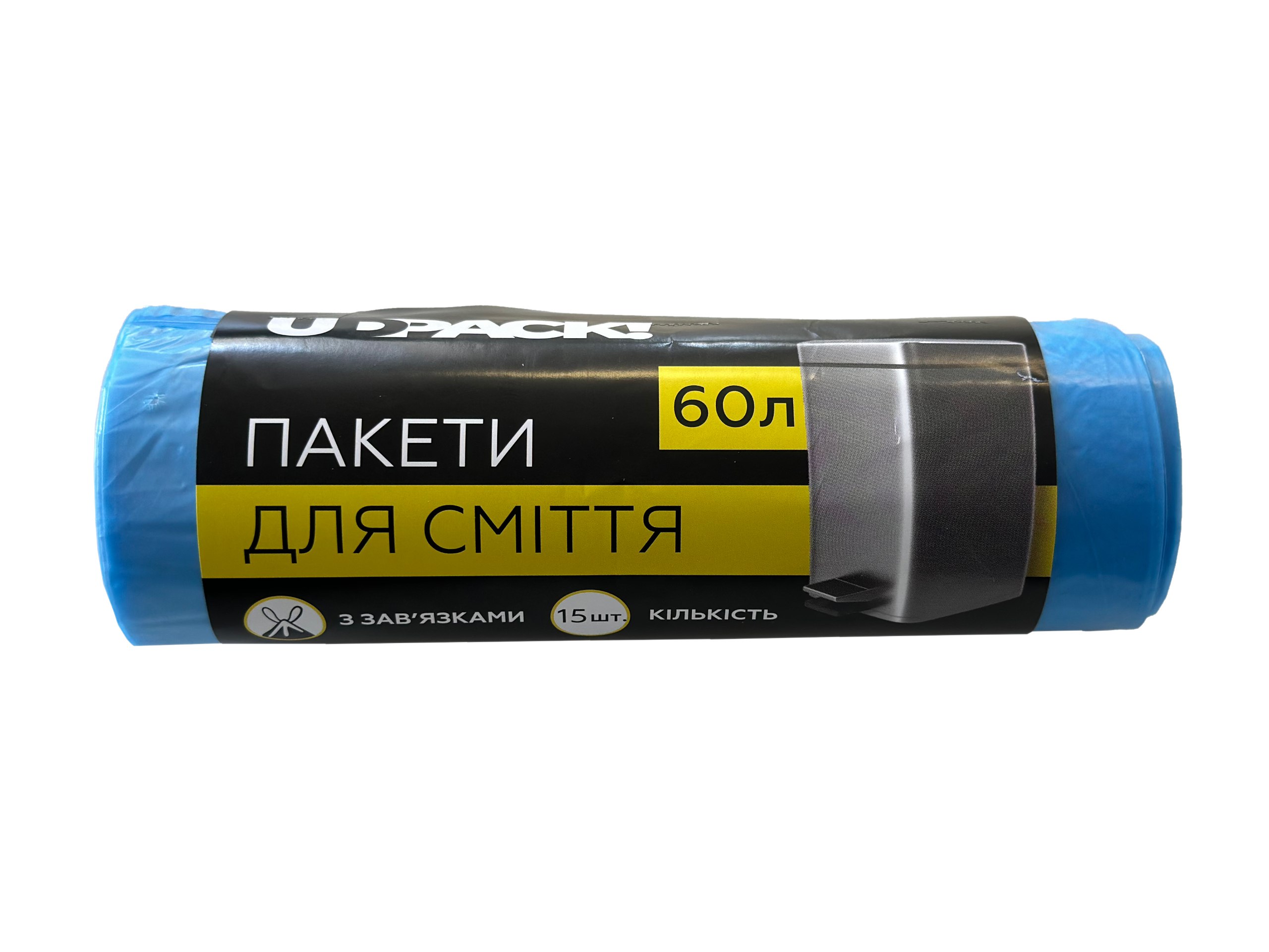 Сміттеві пакети із зав'язками UDPACK! 60л, 15шт, 14мкм, сині